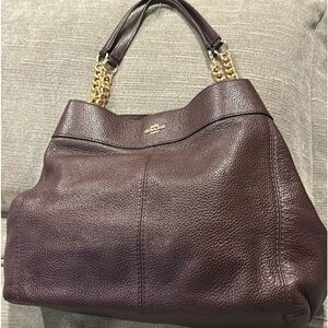 Coach brown leather purse with yellow tone chain accents